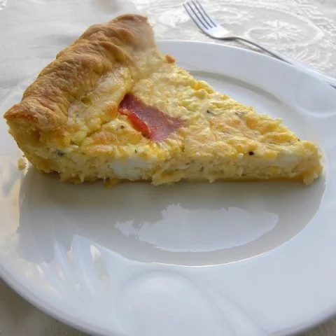 Graviera, feta and bacon quiche image