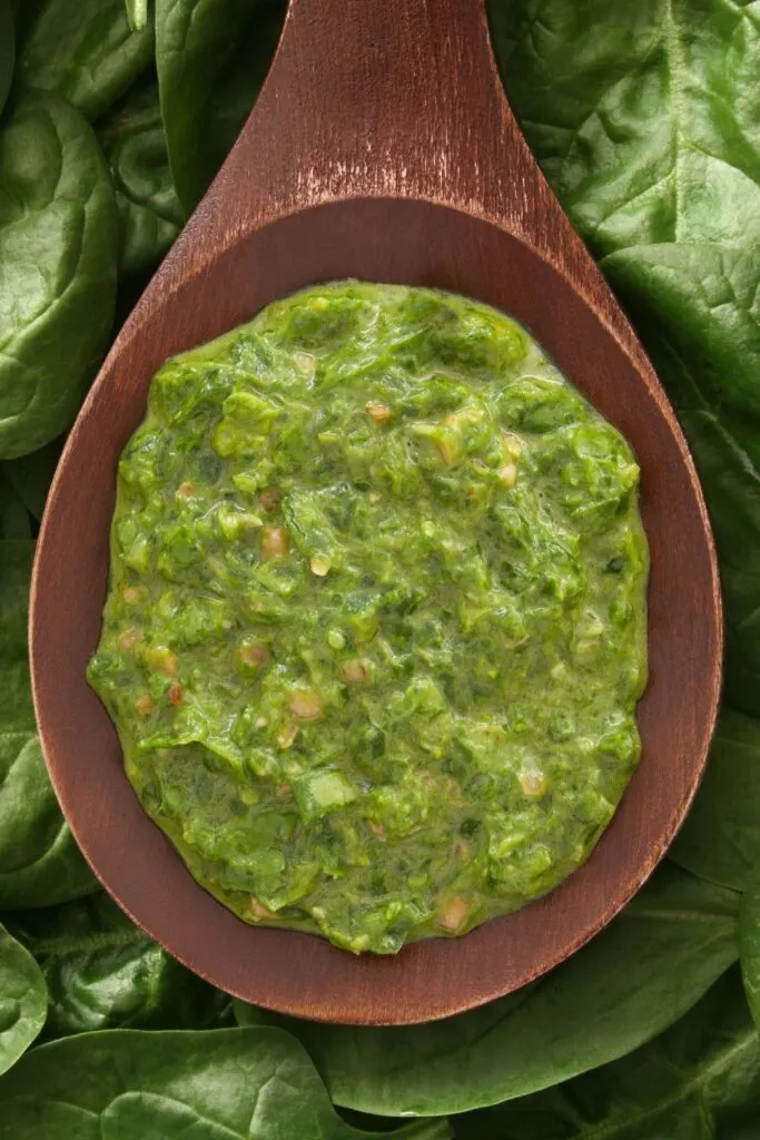 Spinach pesto in a spoon image