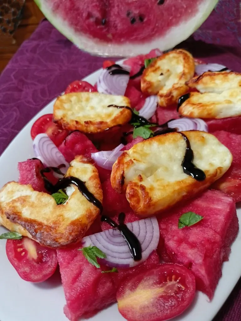 Watermelon salad with air fryer halloumi image