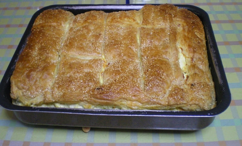 Tyropita with xynomyzithra and puff pastry