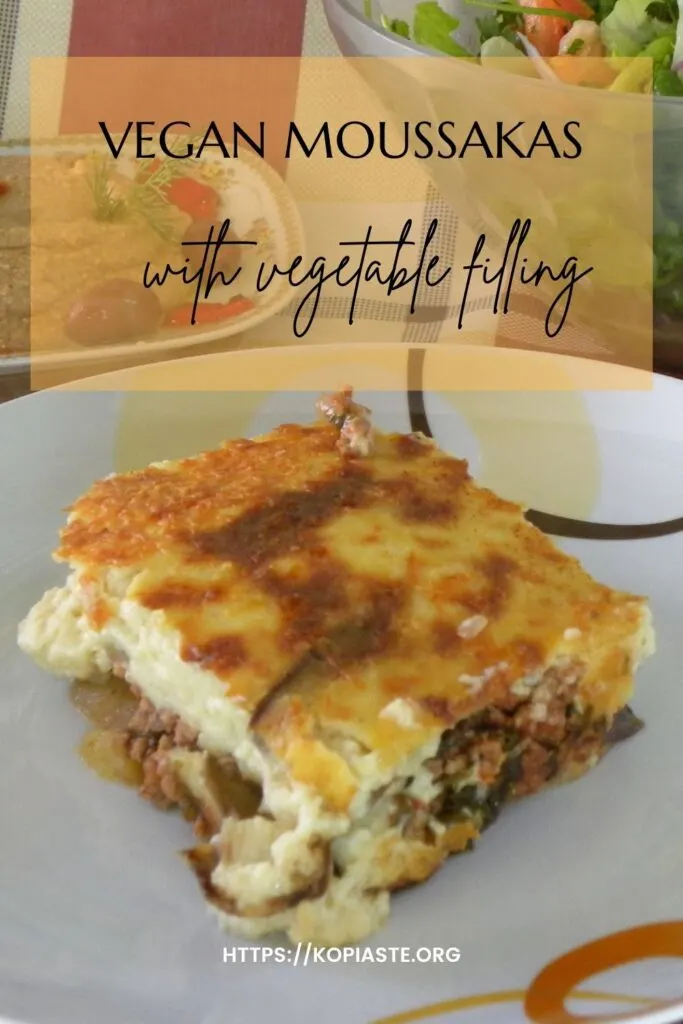 Collage Vegan Moussakas with salad and melitzanosalata image