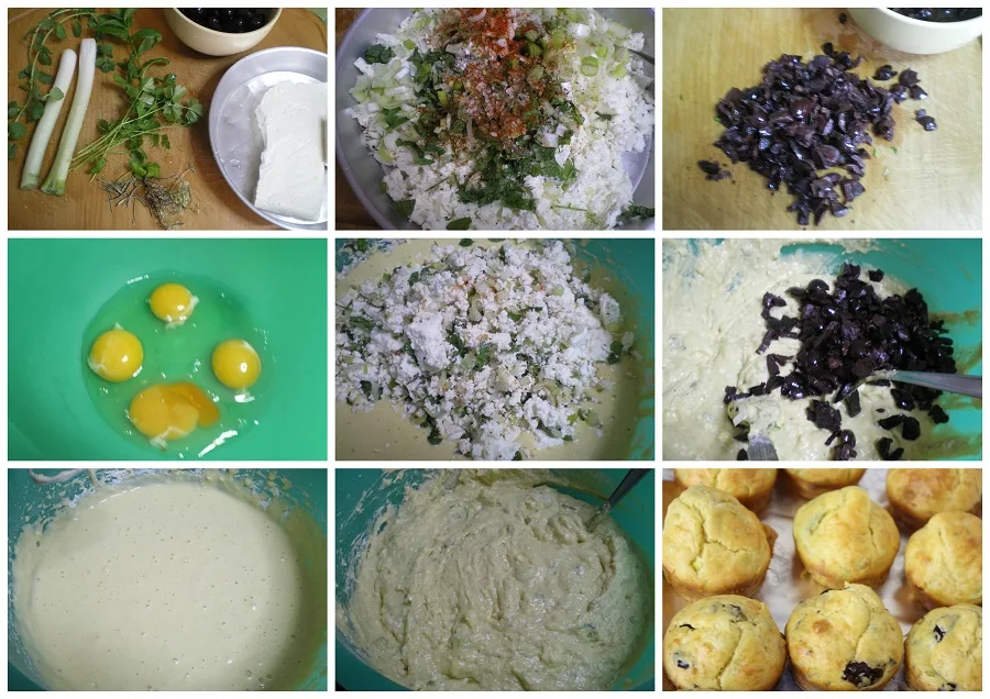 collage-eng Collage preparing Kalamata olive and feta muffins image
