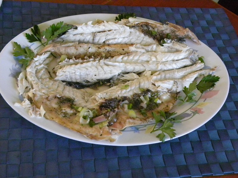 Lavraki, Stamnaggathi, Roasted Potatoes and Greek style Oregano Pesto