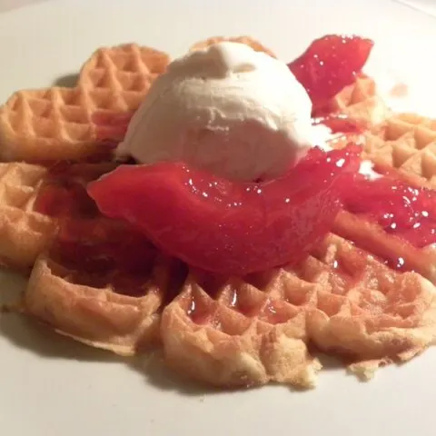 Waffles with quince preserve and ice cream image