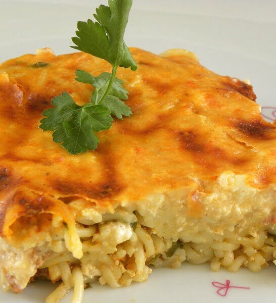 Spaghetti Pastitsio with Anthotyros and Eggless Bechamel