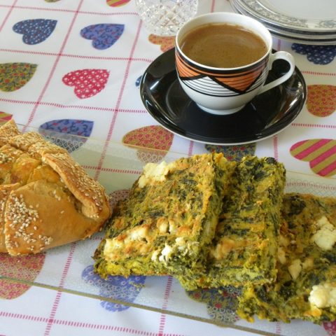 Coffee and Flaouna Tyropita and Spanakopita Plastos image