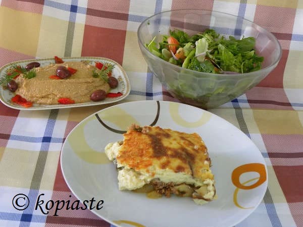 Vegan moussakas with salata me ladolemono moustardas