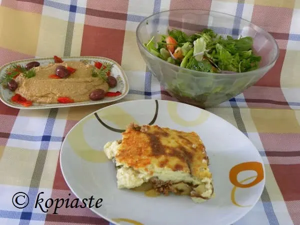 Vegan moussakas with salata me ladolemono moustardas