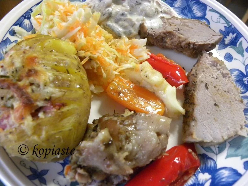 gkioulpassi and hasselback potatoes and muchrooms ala creme