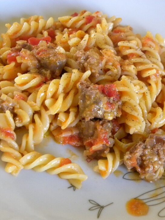 Sausages in Tomato, Leek and  Feta Sauce with Fusilli