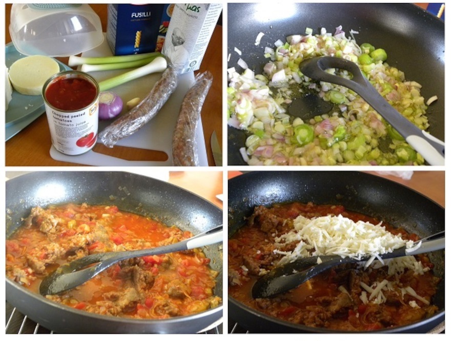 collage sausages with fusilli pasta image
