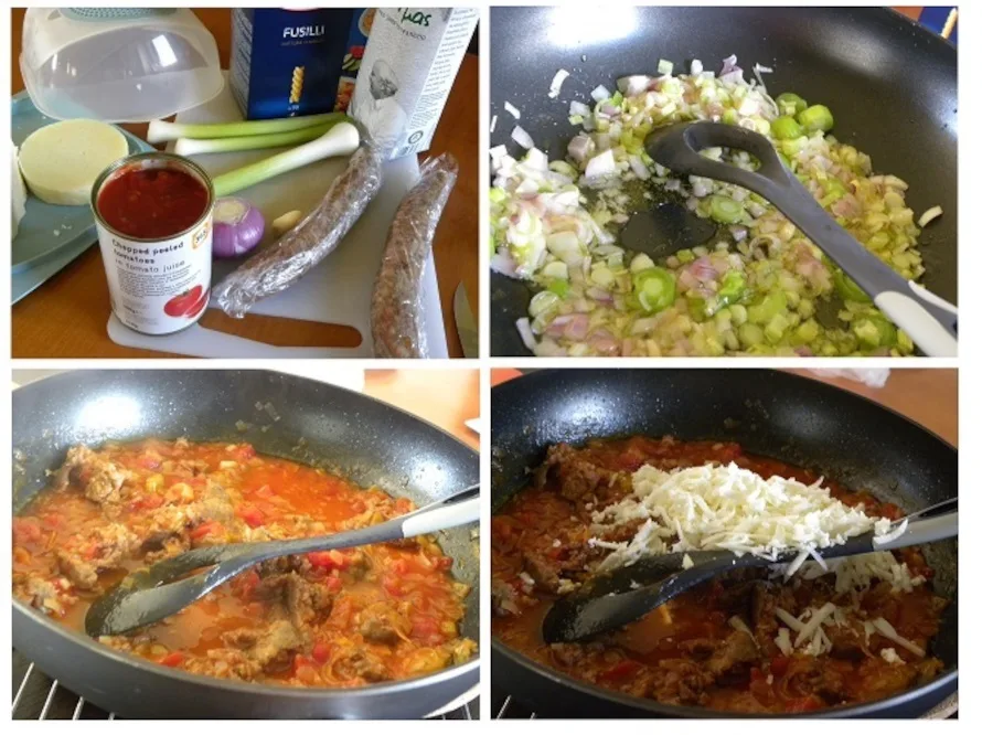 collage sausages with fusilli pasta image