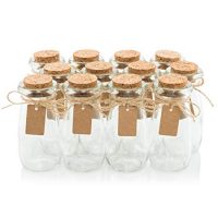 Glass Favor Jars With Cork Lids - Mason Jar Wedding Favors - Apothecary Jars Milk Bottles With Personalized Label Tags and String - 3.4oz [12pc Bulk Set] Ideal For Spices, Candy and Candle Making