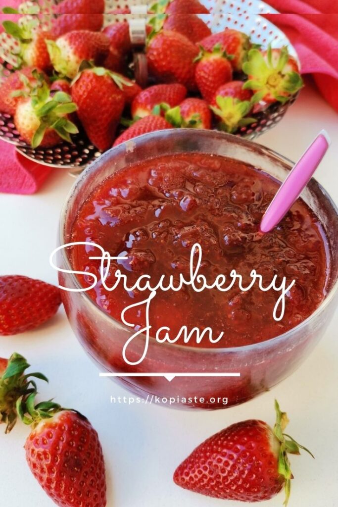 Collage Strawberry jam in a bowl with raw strawberries around it image
