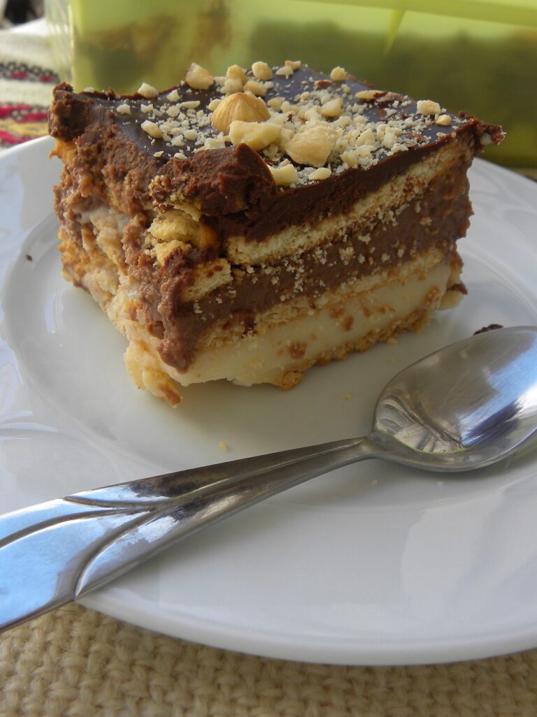 Two pastry creams no bake chocolate cake image