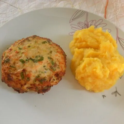 Chicken Burger with mashed potatoes and pumpkin image