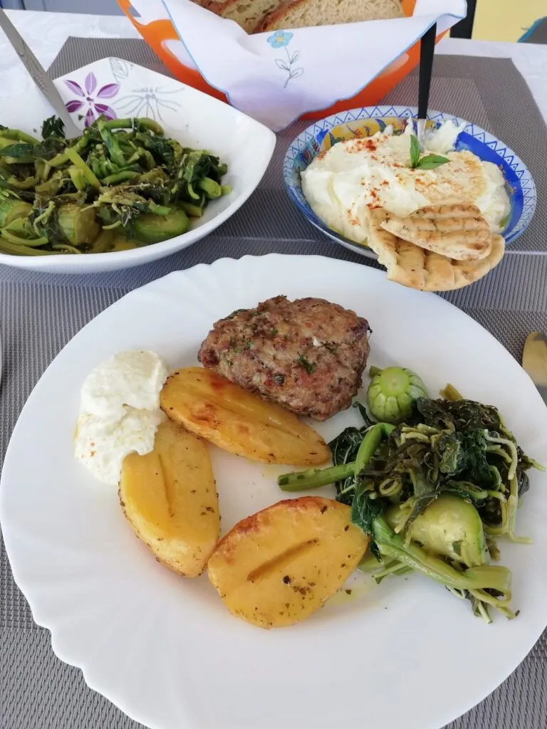 Greek Veal Burgers with amaranth greens and tyrokafteri image