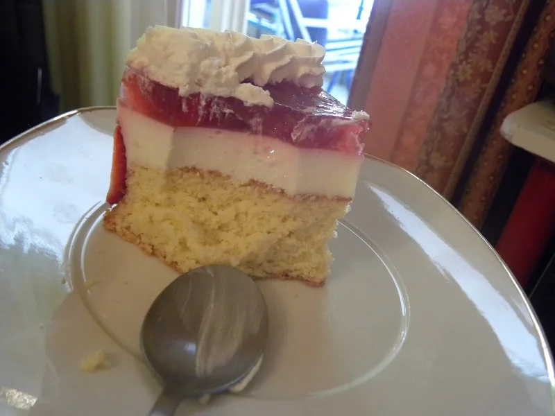 Eating the strawberry mousse jelly dessert image