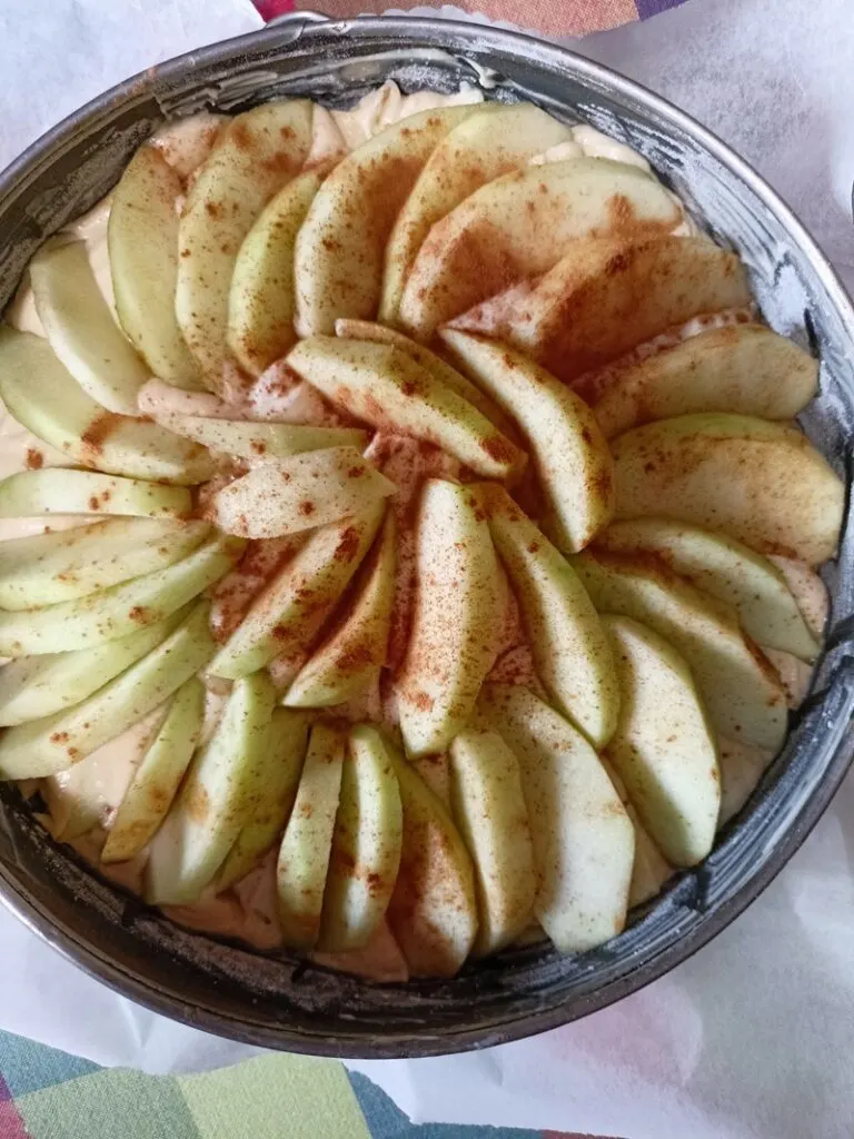 Apple cake with apples placed on top with cinnamon image