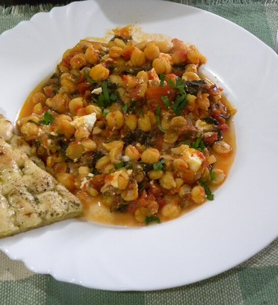 Baked Vegetarian Greek Chickpeas with Baby Spinach and Feta